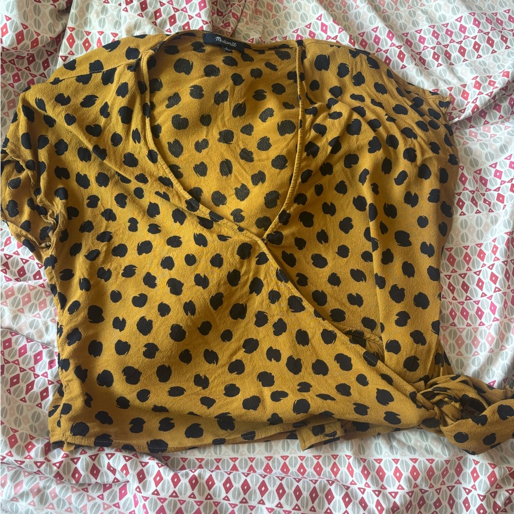 Madewell Mustard Yellow and Black Polka Dot Wrap Crop Top